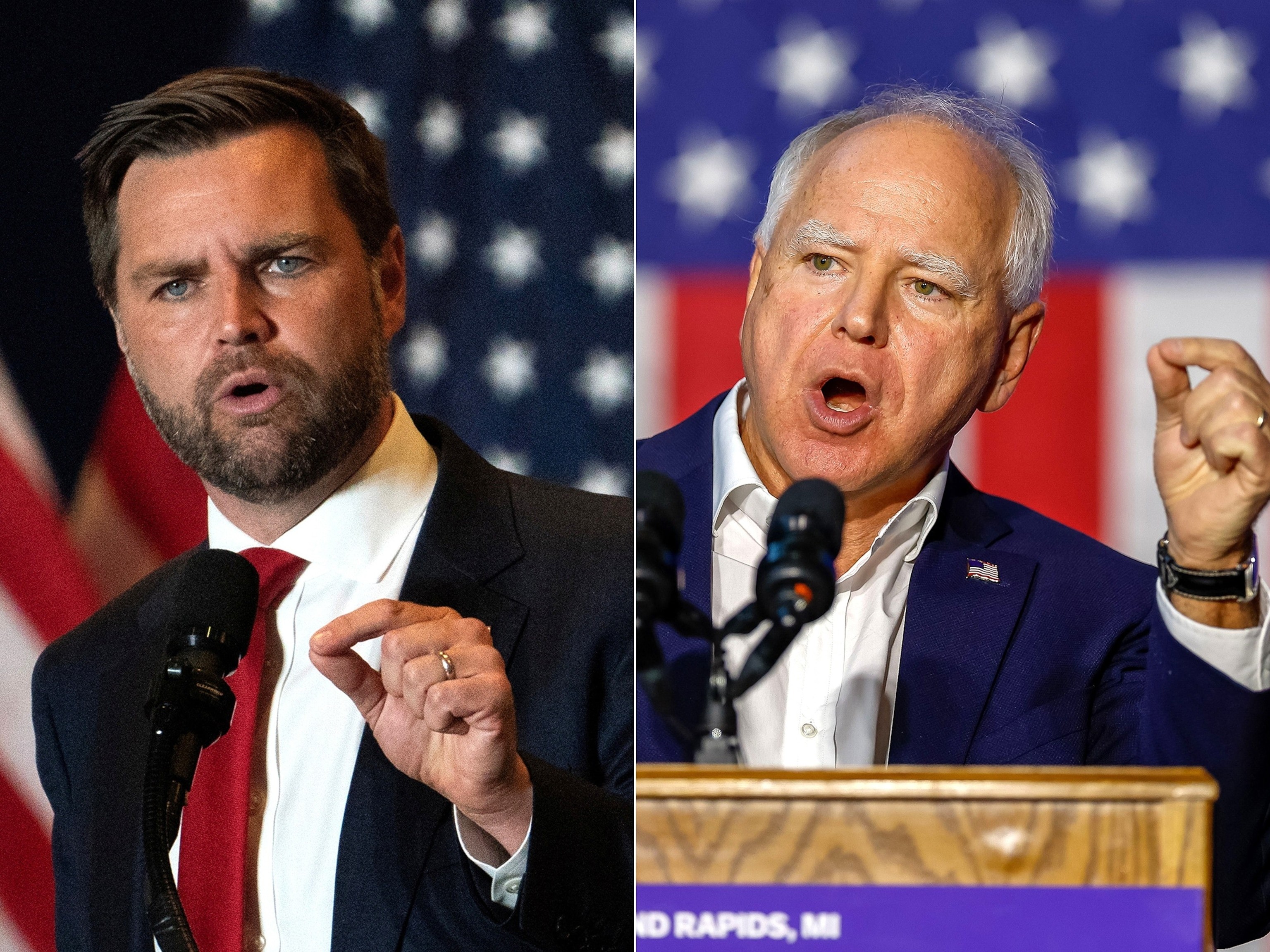 Republican Vice Presidential nominee Senator JD Vance speaks in Phoenix, Arizona, Sept. 5, 2024. | Vice President candidate and Minnesota Governor Tim Walz speaks in Grand Rapids, Michigan, Sept. 12, 2024.