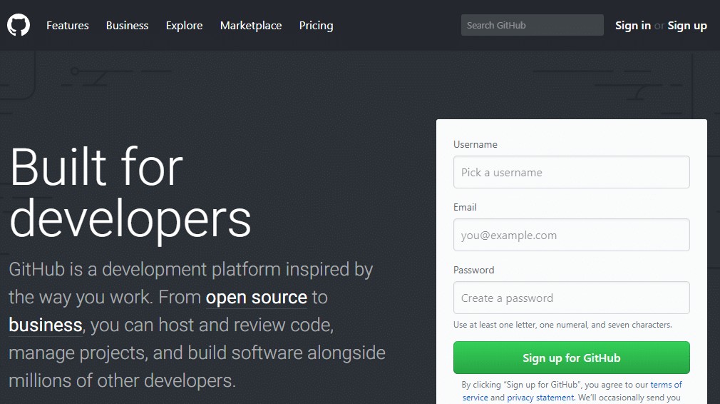 GitHub homepage showcasing its interface and features for software developers to collaborate and manage code.