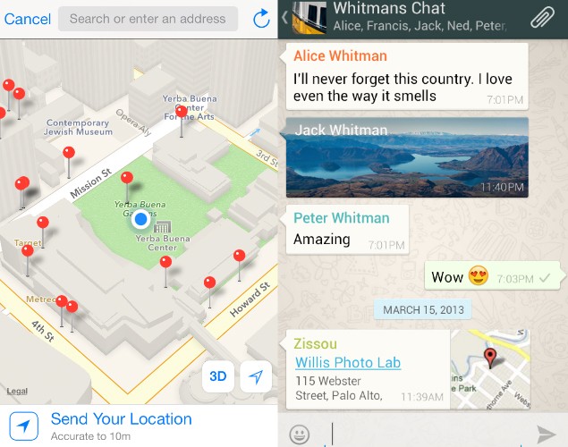 Location sharing and messaging on WhatsApp