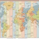 World map of time zones with UTC highlighted in green, indicating the central reference point for global timekeeping.