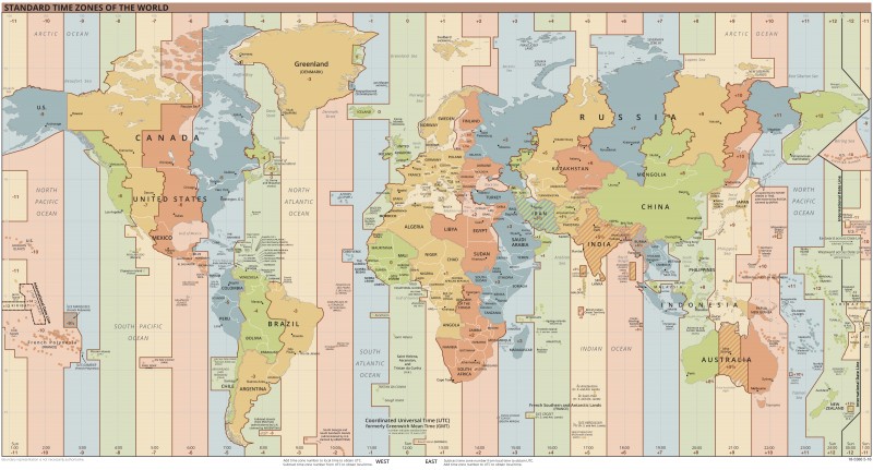 World map of time zones with UTC highlighted in green, indicating the central reference point for global timekeeping.