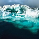 Large iceberg floating in the ocean, illustrating that most of its mass is below the waterline