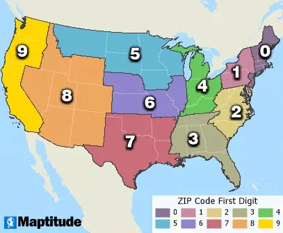 US 1-digit ZIP Code territories map