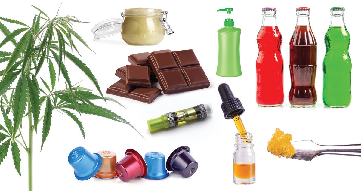 Collage of cannabis products, including vape oil, lotion, salve, soda bottle, coffee pod, chocolate bar, and tincture grouped around a cannabis plant
