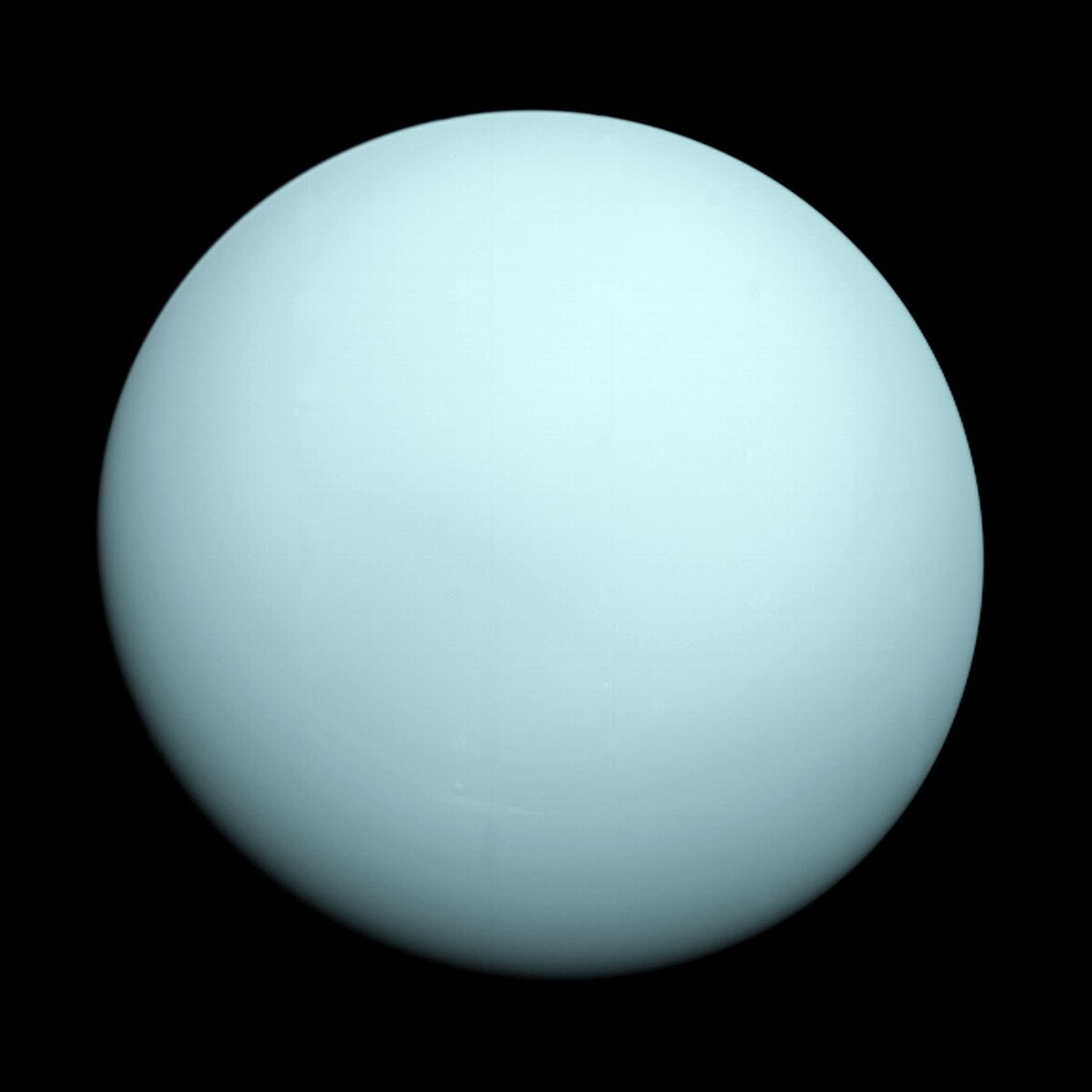A composite image of Uranus taken by Voyager 2, showing its bluish-green color