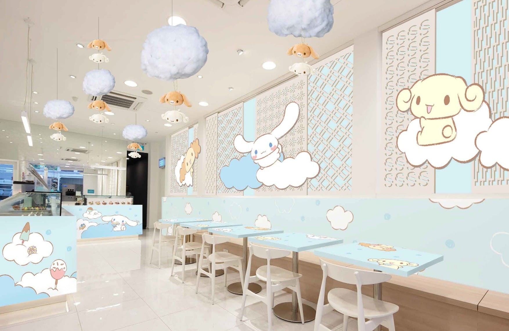 Cinnamoroll themed cafes serve themed dishes, desserts, and drinks and sell Cinnamoroll merchandise.