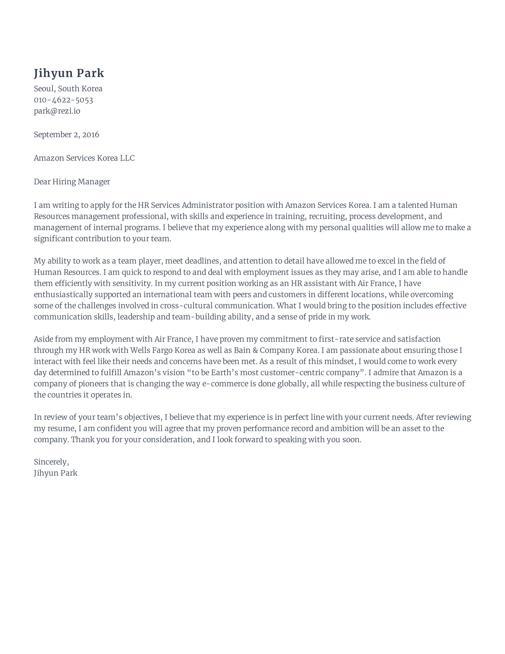 Human Resources Cover Letter Template