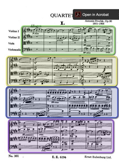 String Quartet Score Depicting Multiple Systems on a Page