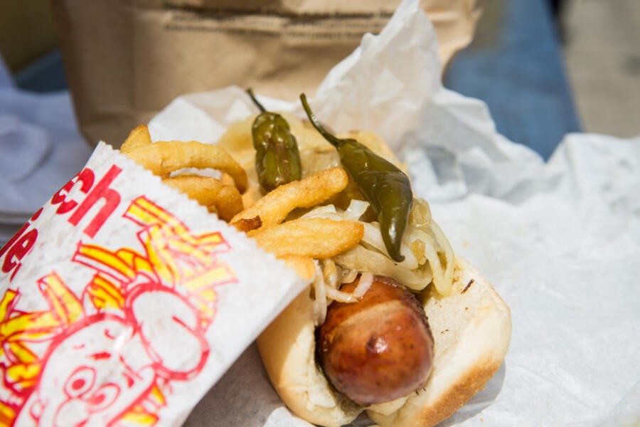 Jim's Original Polish sausage sandwich, a Chicago staple