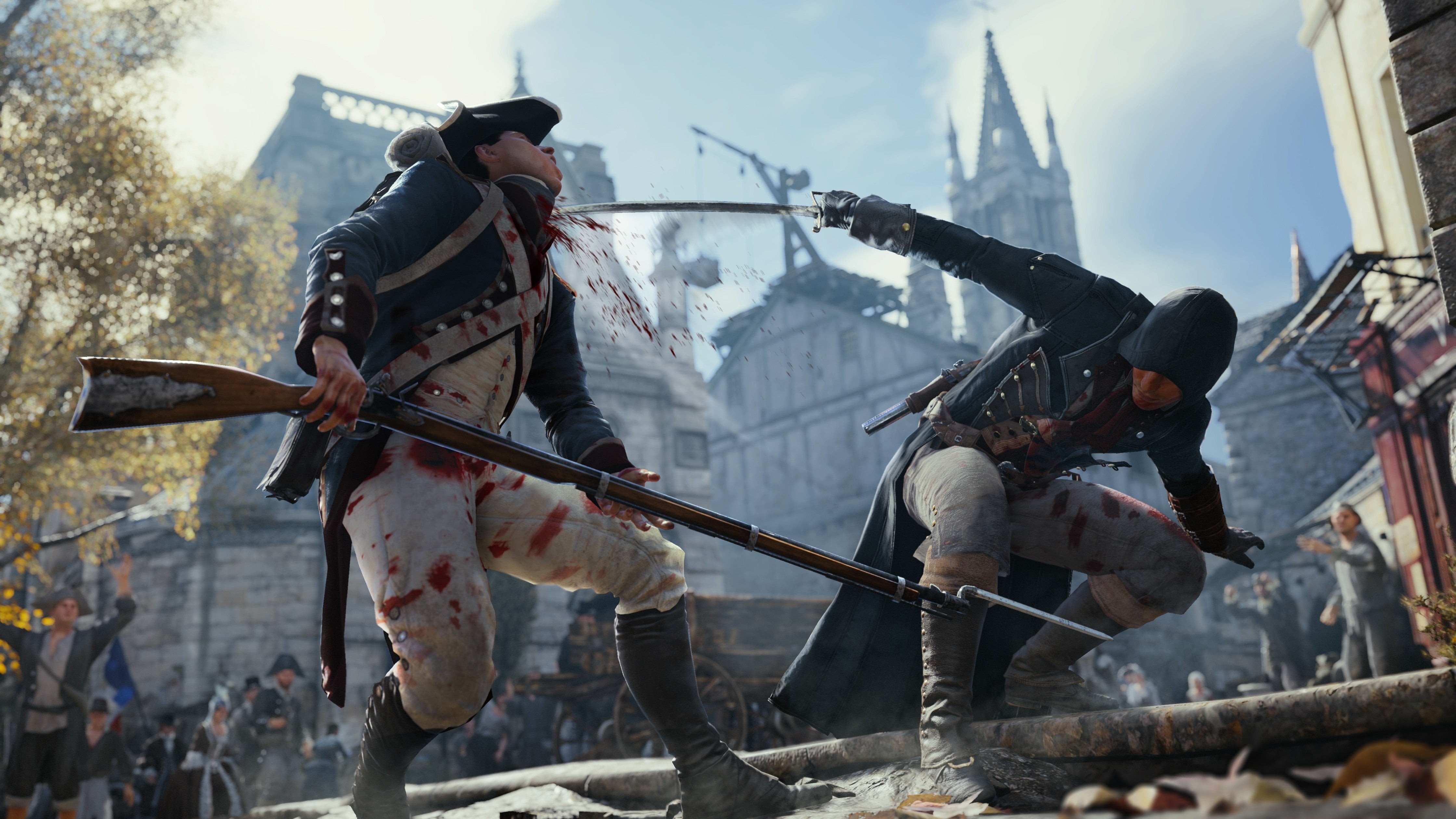 A man slashes the throat of an man in French Revolution dress, the slashed man is holding a long gun