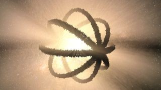 Dyson sphere concept shows several large dark bands of material surrounding a bright light source.