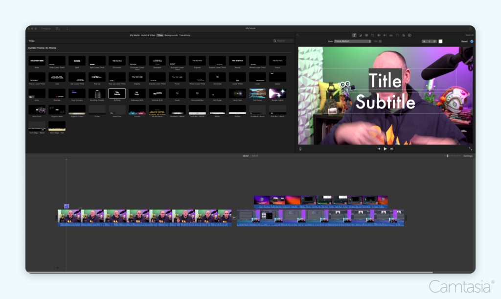 iMovie Screenshot: The iMovie interface displaying a timeline with video clips and a preview window on the right showing a video with a 