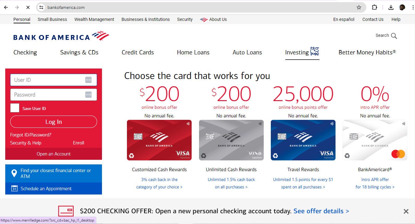 A screenshot of Bank of America