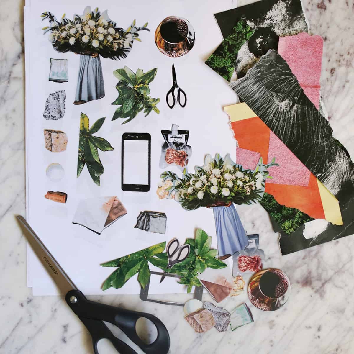 Close up of collage and paper scraps