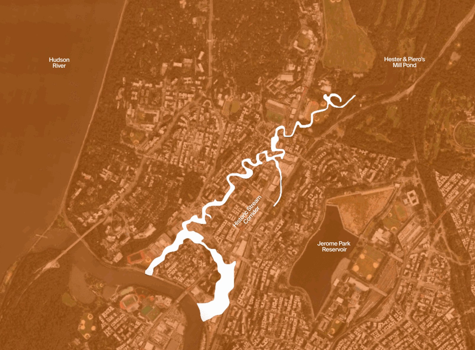 Map showing the historic location of Tibbetts Brook between Van Cortlandt Park and the Harlem River