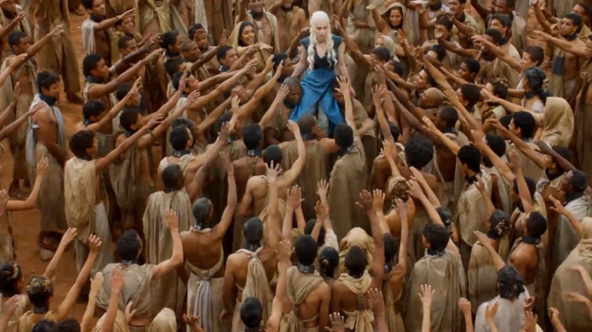 Daenerys Targaryen, also known as Khaleesi, surrounded by her people