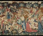 Medieval tapestry depicting a hunting scene, showcasing the rich colors and intricate details characteristic of the era