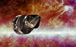 Image of the Planck spacecraft against a background of gaseous filaments.