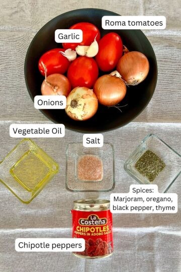 Ingredients to make chipotle sauce for tinga.