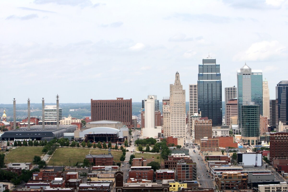Kansas City Missouri skyline at sunset