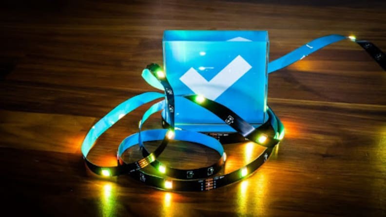 LED strip lights on a glass paperweight