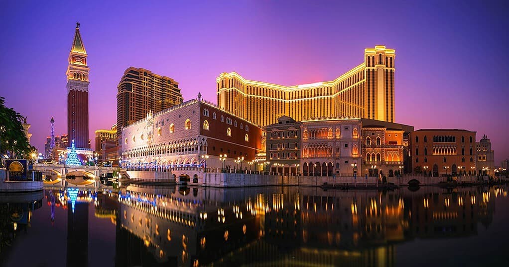 Macao skyline at night with casinos and the Macau Tower