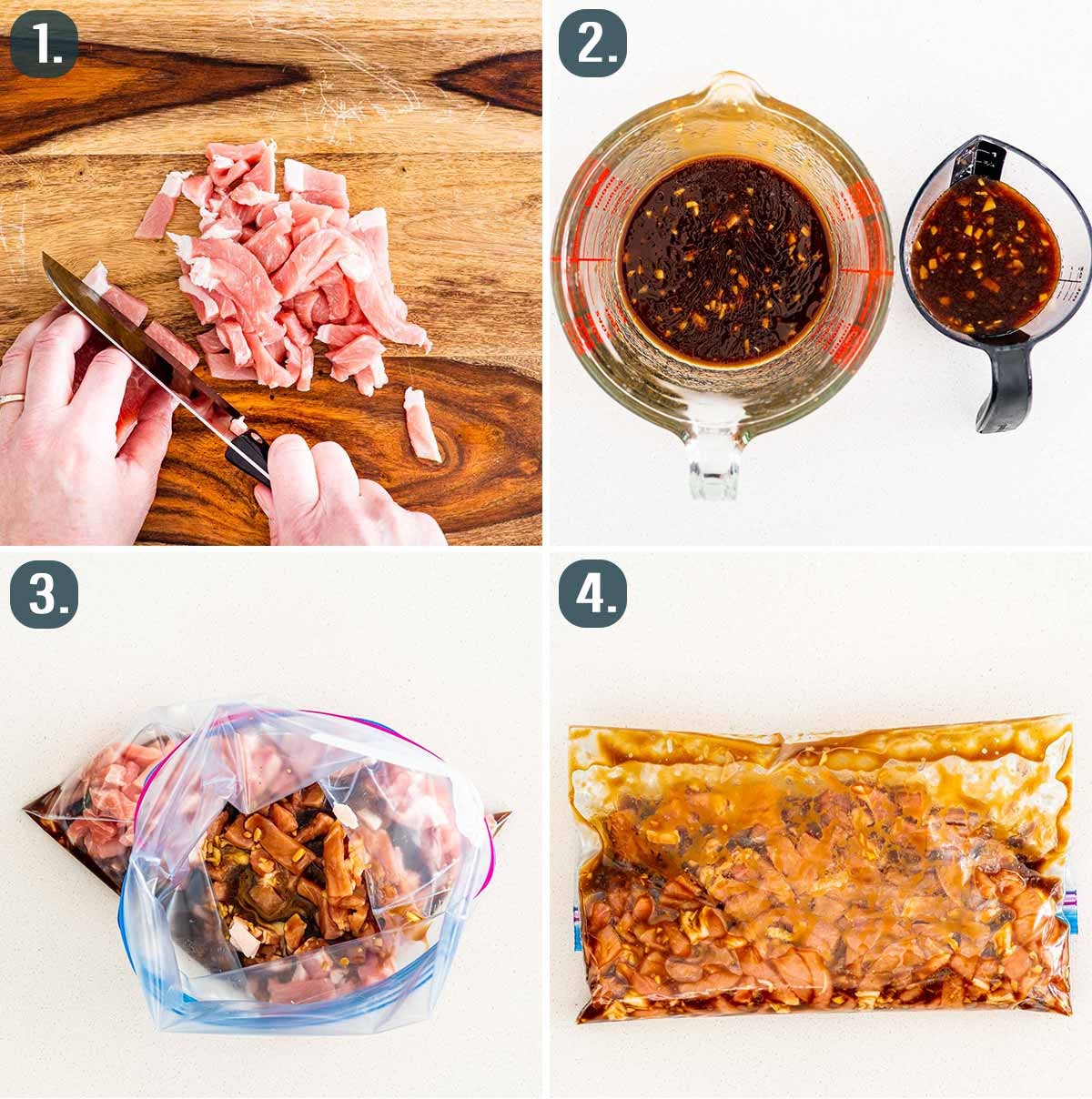 Process shots showing how to prep pork for moo shu pork.
