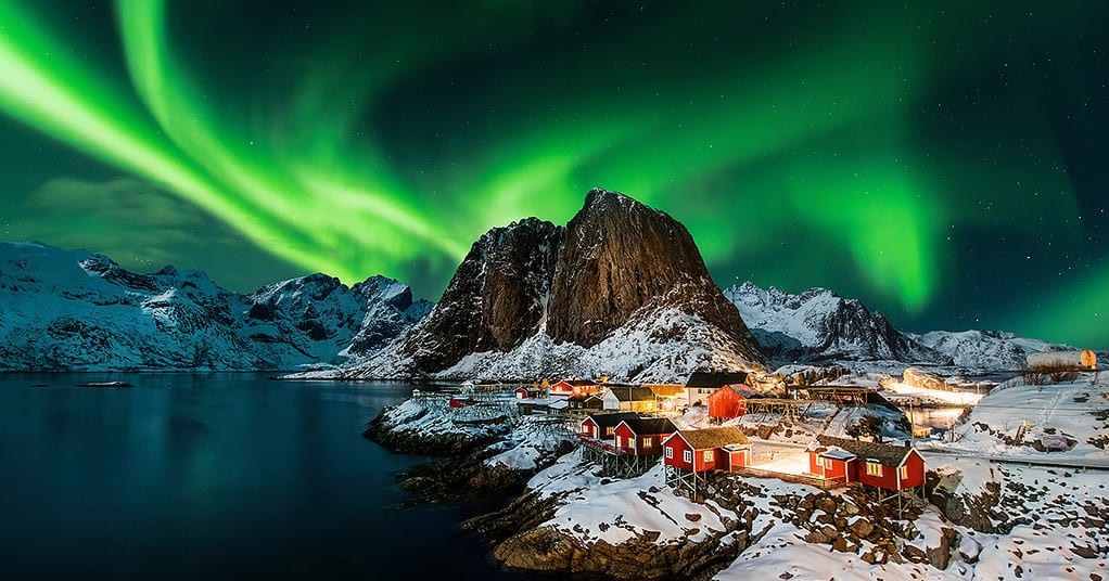 Norway landscape with mountains, fjords, and the Northern Lights