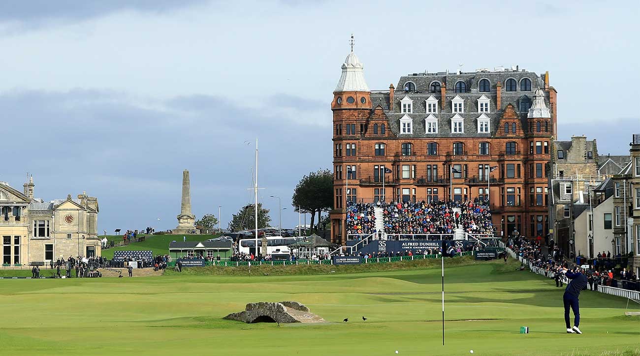 A golfer playing a low, running shot on a links course, demonstrating the strategic "ground game" often required