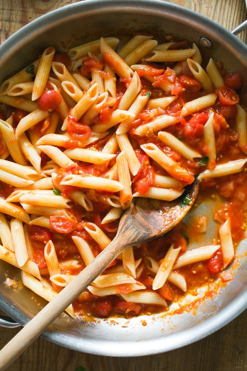 Penne pasta pomodoro in a pan