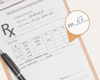 Example of an eyeglass prescription, highlighting the location of pupillary distance (PD) and other key measurements