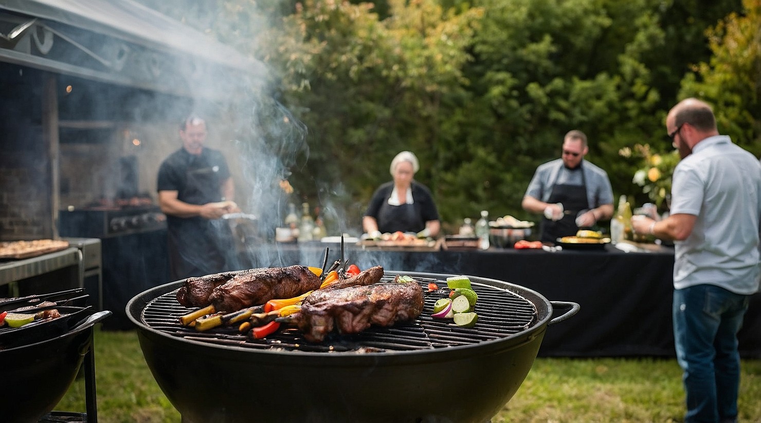People at a family BBQ event, enjoying quality time and outdoor fun