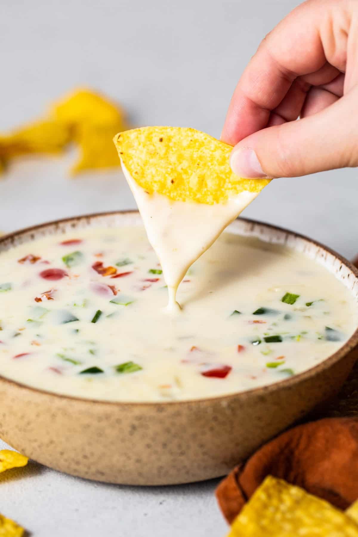 Bowl of white cheese dip with tortilla chips