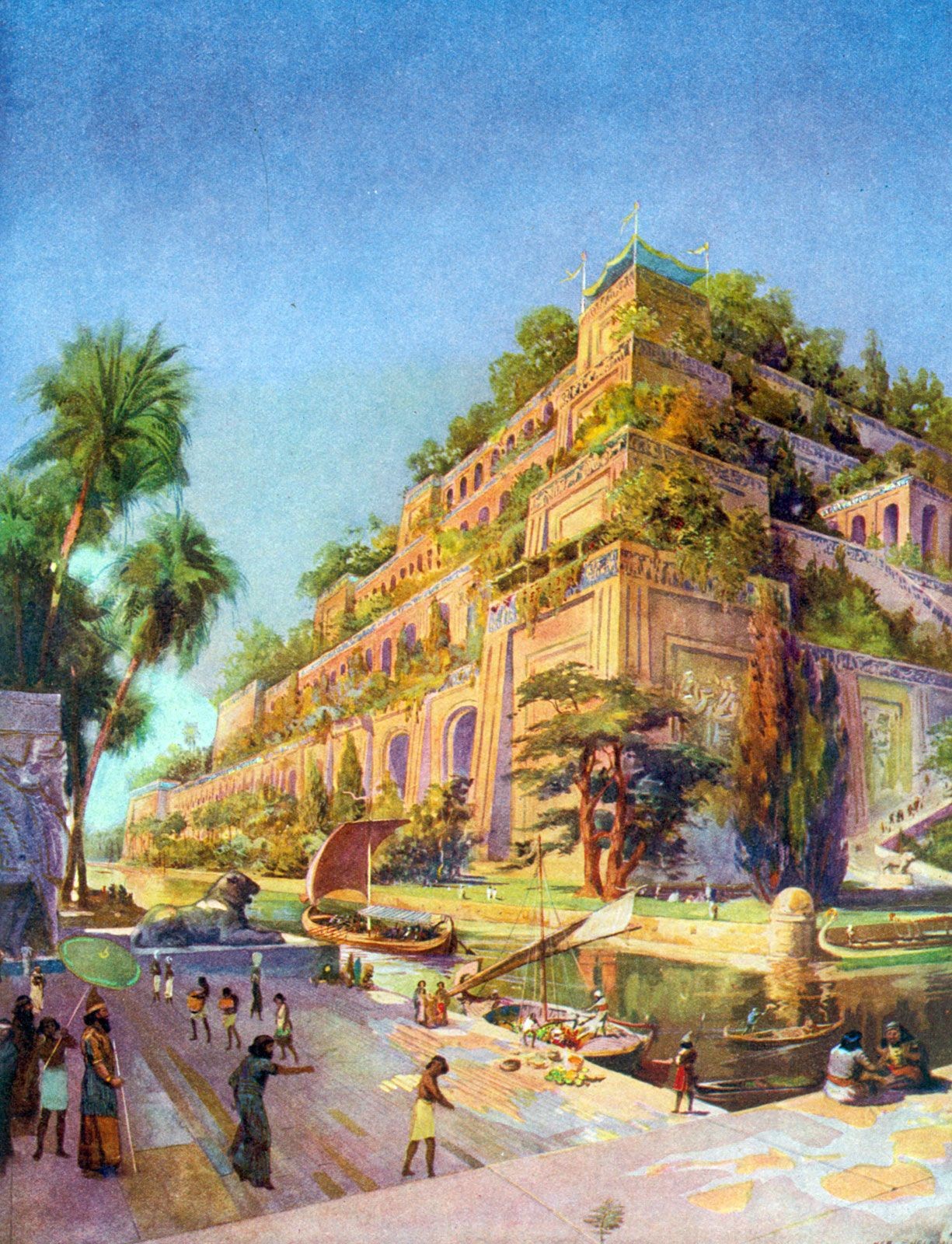 Artist's impression of the Hanging Gardens of Babylon with roof gardens laid out on ziggurat terraces