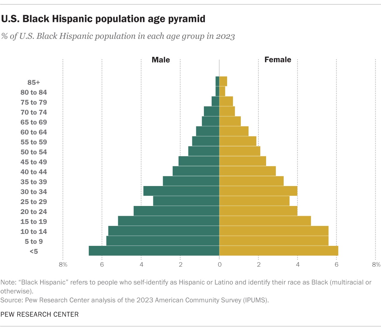 A chart illustrating the age distribution of the Black Hispanic population in the U.S. in 2023