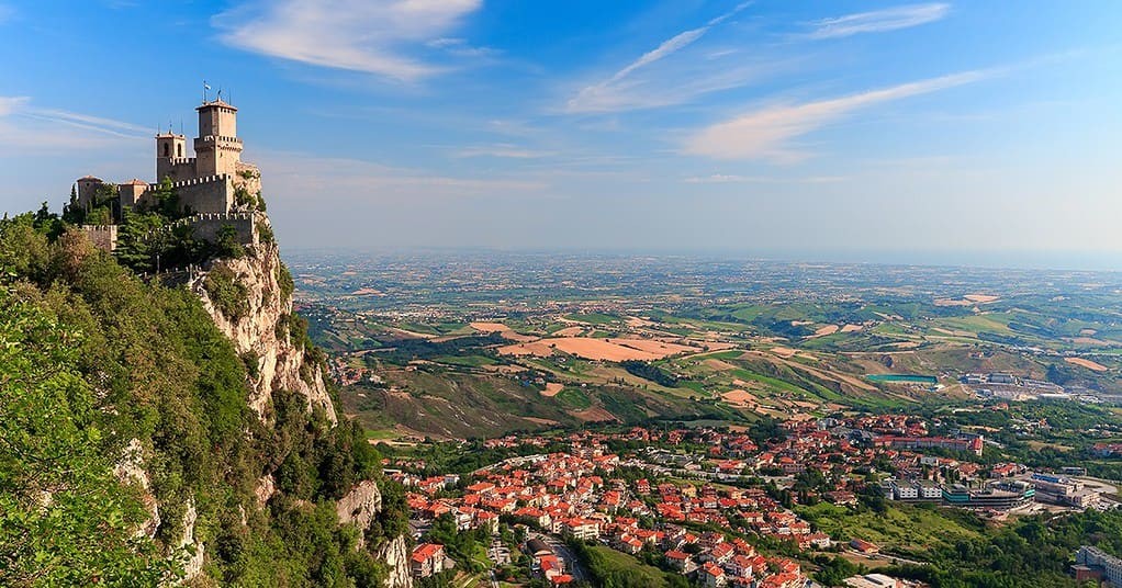San Marino hilltop fortress with cityscape