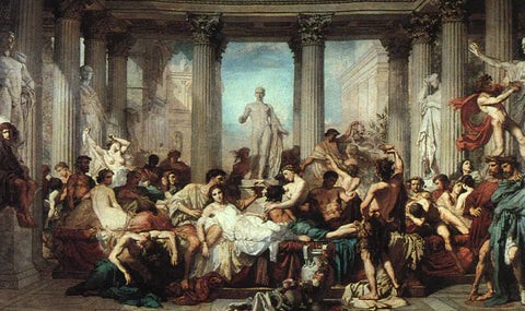 Painting of Romans celebrating Saturnalia by Thomas Couture, showcasing the historical roots of Mardi Gras in ancient festivities, symbolizing the transition to religious celebrations