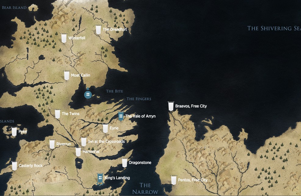 Map of Westeros and Essos, showing the territories of the main families in Game of Thrones