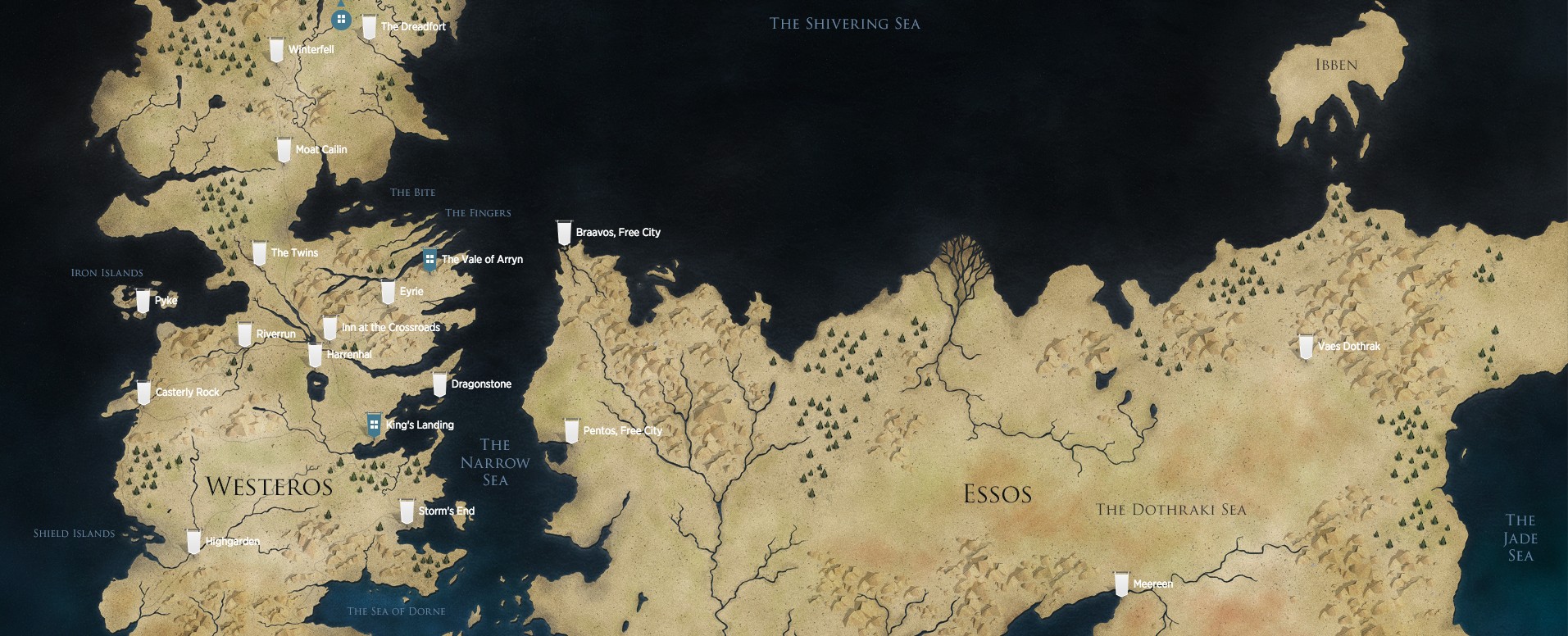 Another map of Westeros and Essos, highlighting the geographical locations important to the story