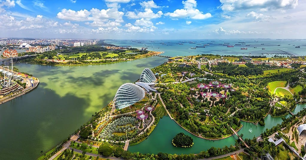 Singapore city skyline with skyscrapers and Marina Bay Sands