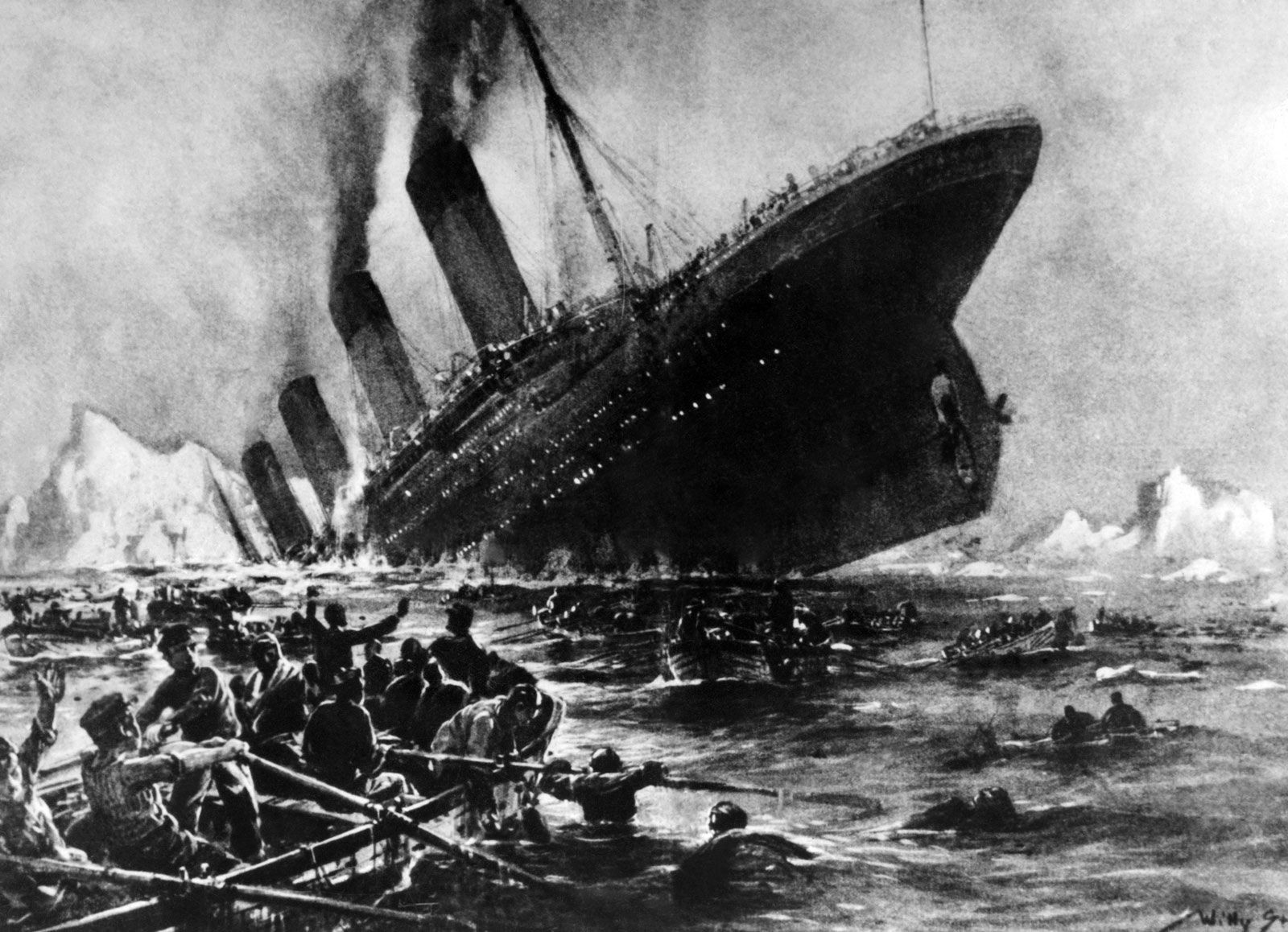 Illustration of the Titanic striking the iceberg