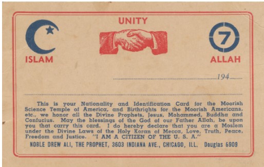 Moorish Science Temple of America nationality card stating I am a citizen of the USA