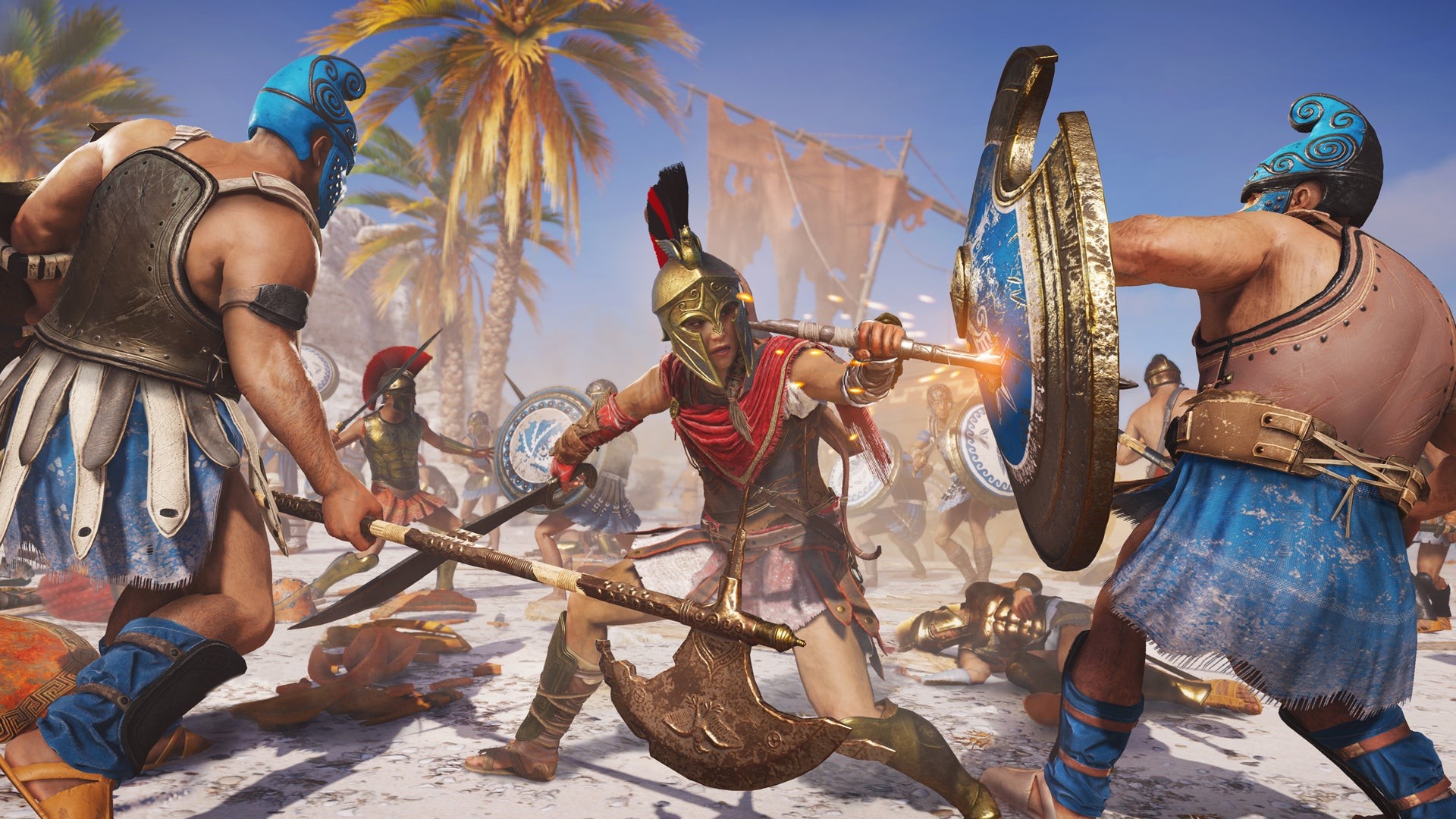 A female Freek warrior fights off foes