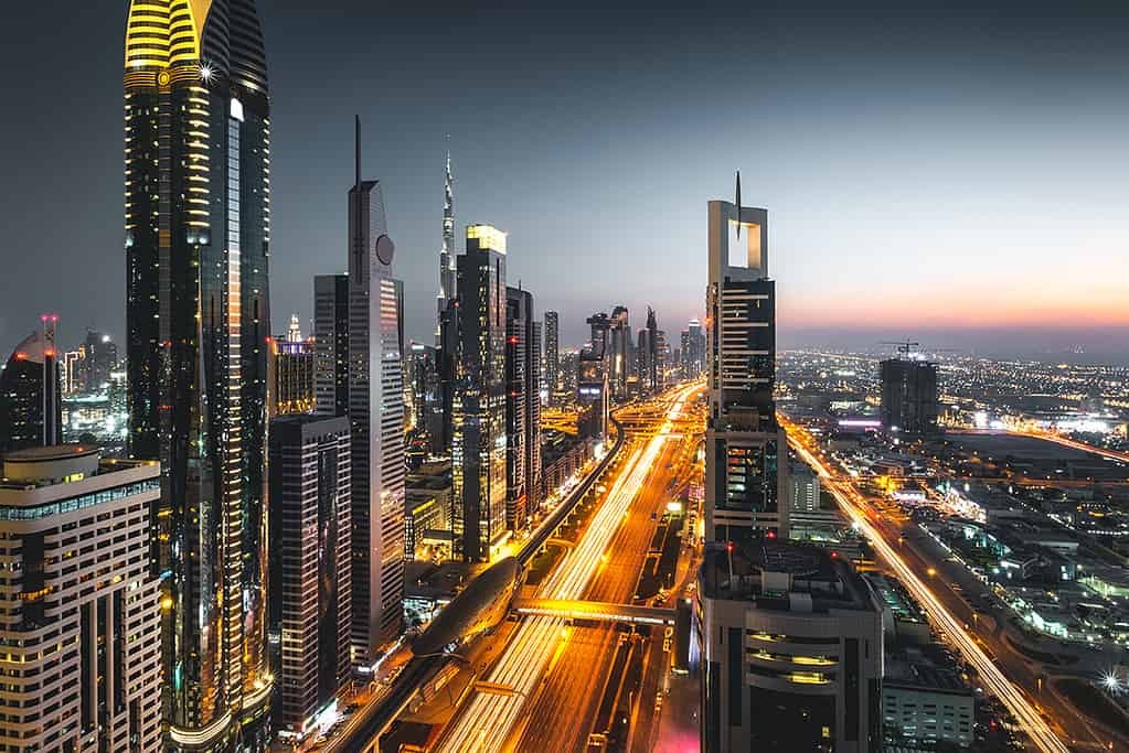 Dubai skyline with modern buildings and the Burj Khalifa