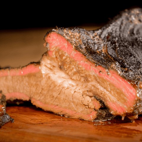 Cross-section view of cut, cooked brisket