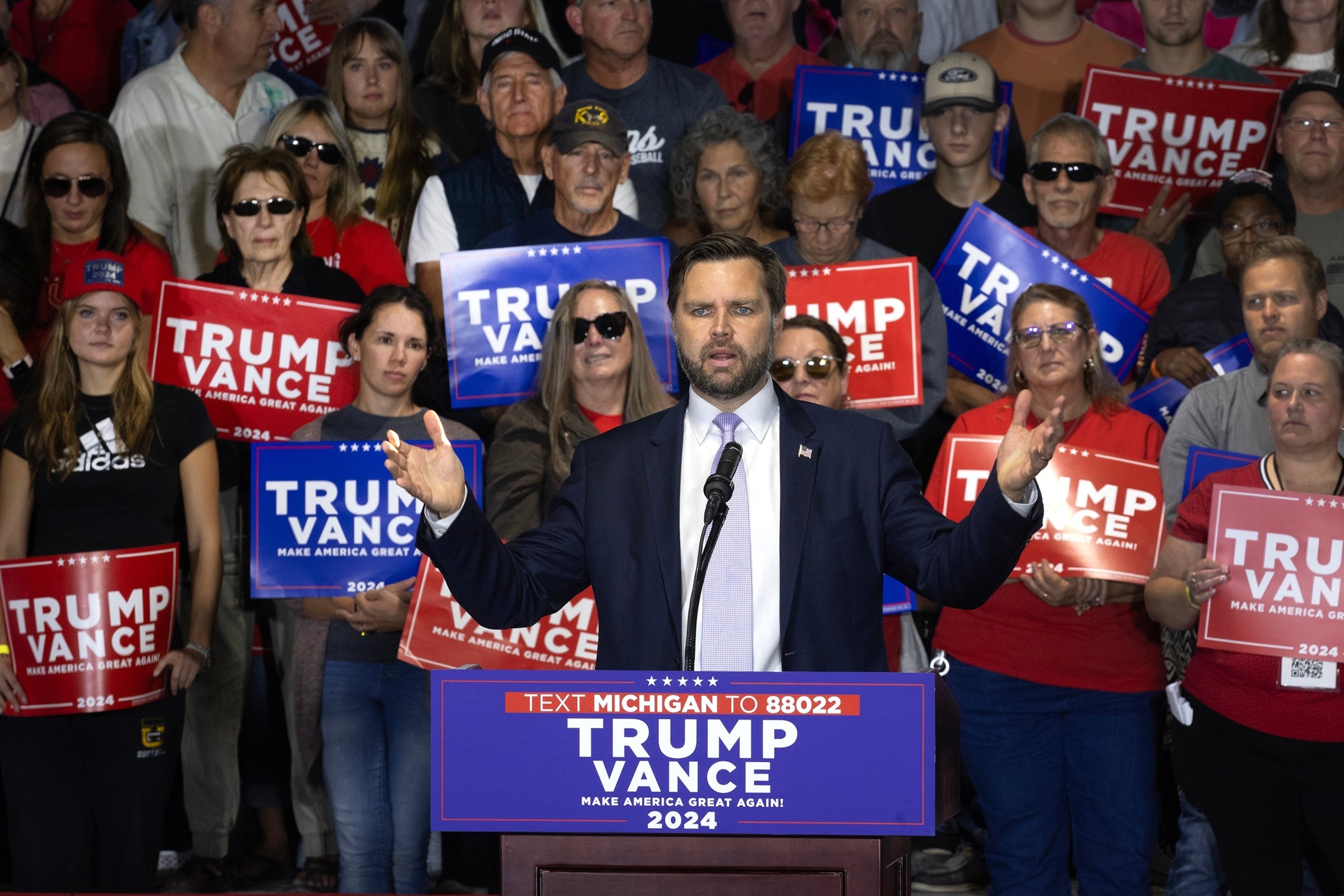 Republican vice presidential nominee Sen. JD Vance speaks to supporters during a campaign event at the Northwestern Michigan Fair grounds on Sept. 25, 2024, in Traverse City, Michigan.