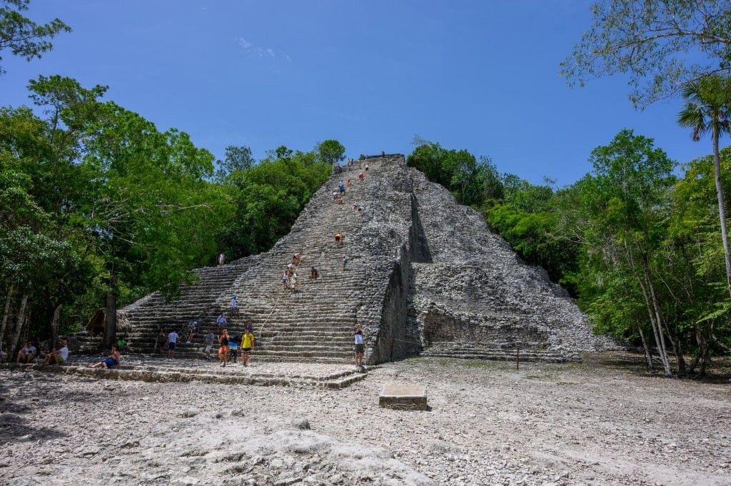 Mayan ruins at Coba, Yucatan, Mexico. The ruins are surrounded by dense jungle vegetation