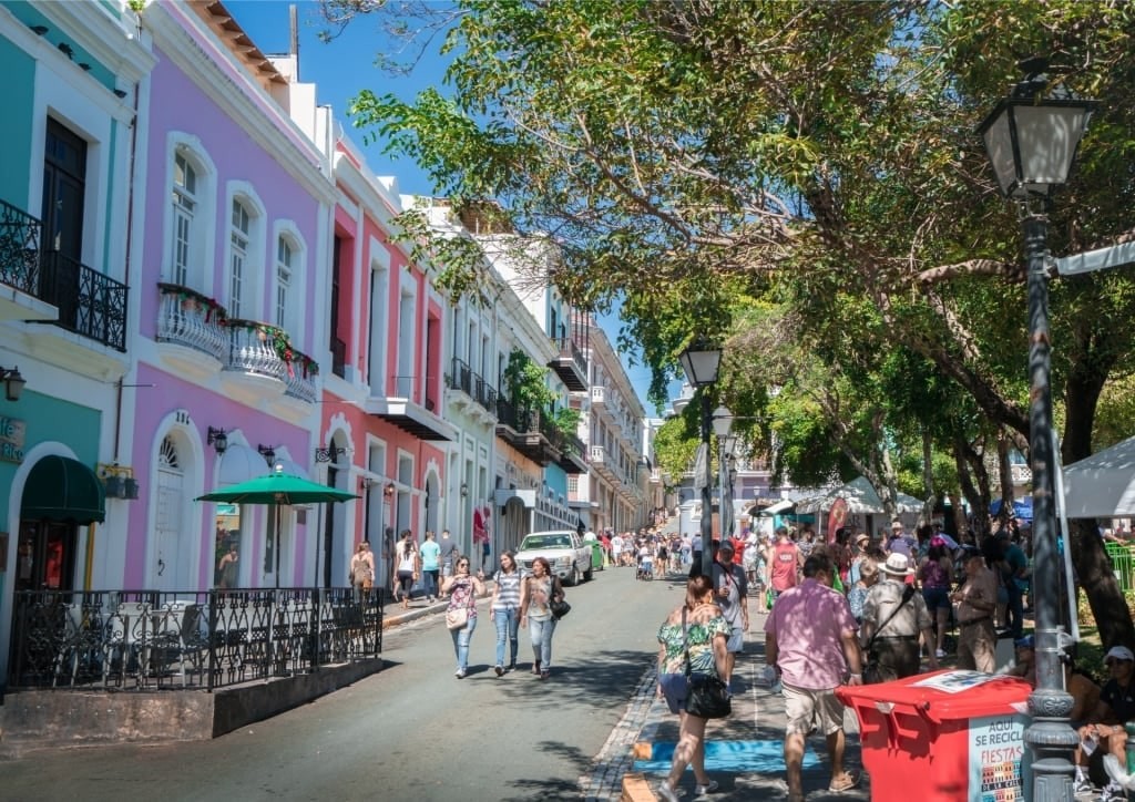 Colorful buildings and cobbled streets in Old San Juan, Puerto Rico, showcasing the city's historical charm.