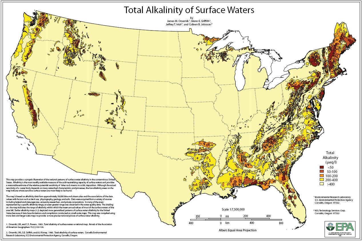 Map of the U.S. showing total alkalinity of surface waters (1983)
