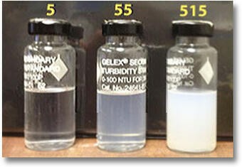 Various turbidity levels in water samples, ranging from clear to very cloudy, illustrating the concept of turbidity.